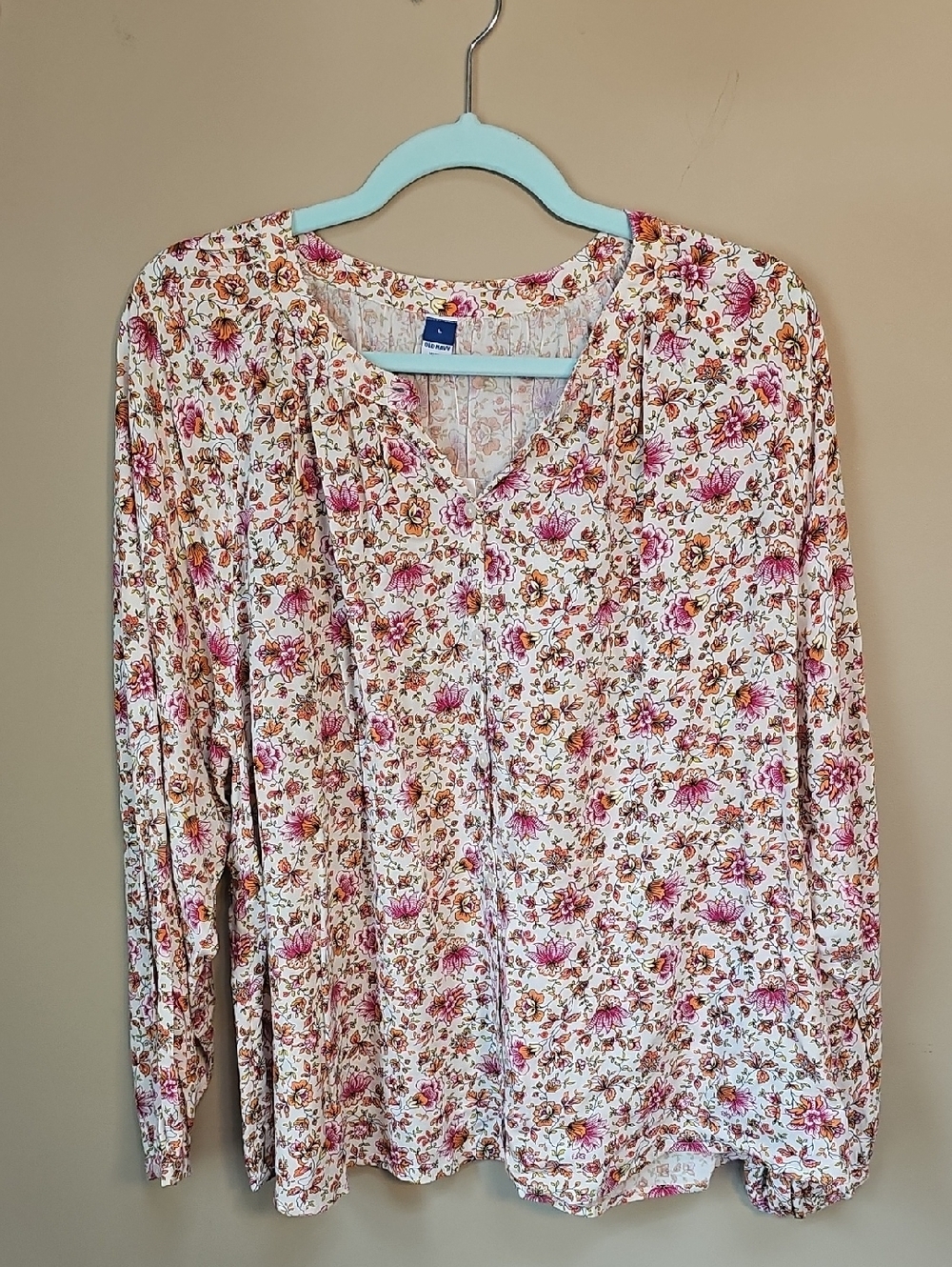 Old Navy Cream Button-Up Top with Pink & Orange Floral Print